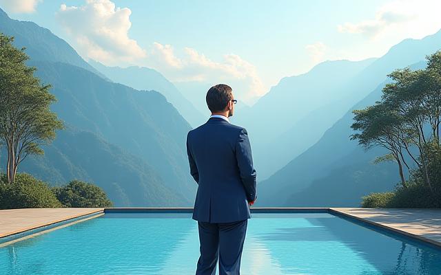 Echo Pines ke sansthapak, ek parvat aur ek shant pool ke saamne khade hain. (Founder of Echo Pines standing in front of mountains and a serene pool.)
